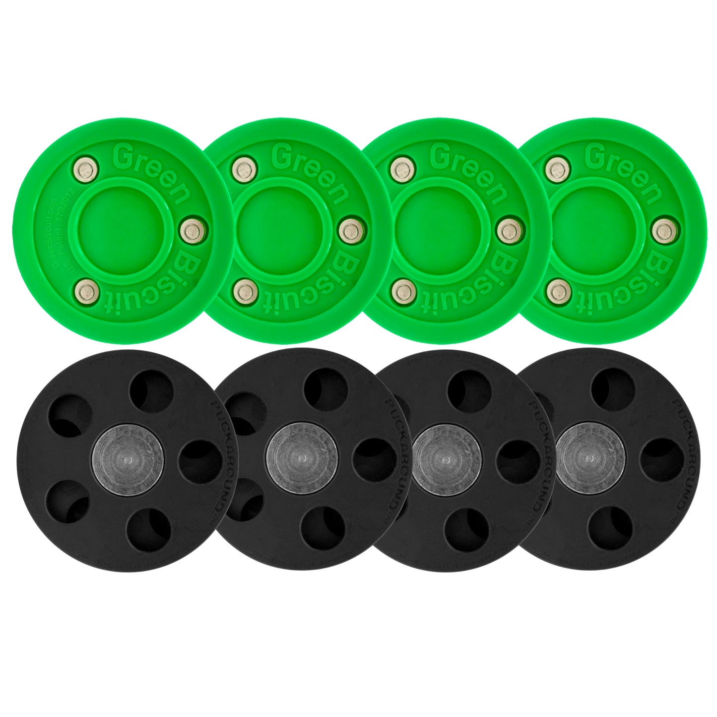 Four Green Biscuits and 4 Puckaround off-ice hockey puck on a white background