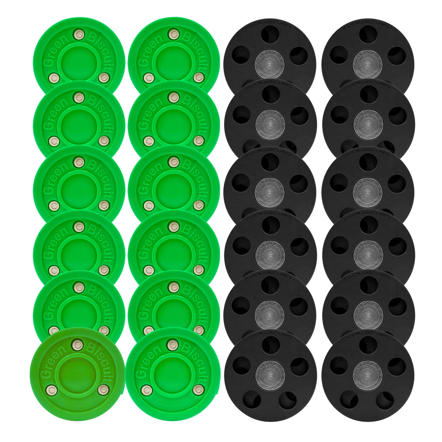 12 Green Biscuits and 12 Puckaround hockey pucks on a white background