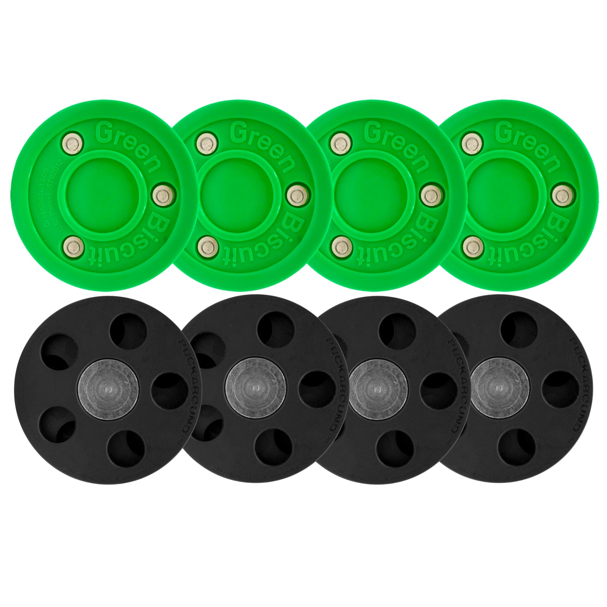 Four Green Biscuits and 4 Puckaround off-ice hockey puck on a white background