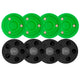 Four Green Biscuits and 4 Puckaround off-ice hockey puck on a white background