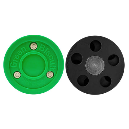 Green Biscuit and Puckaround off-ice hockey puck on a white background